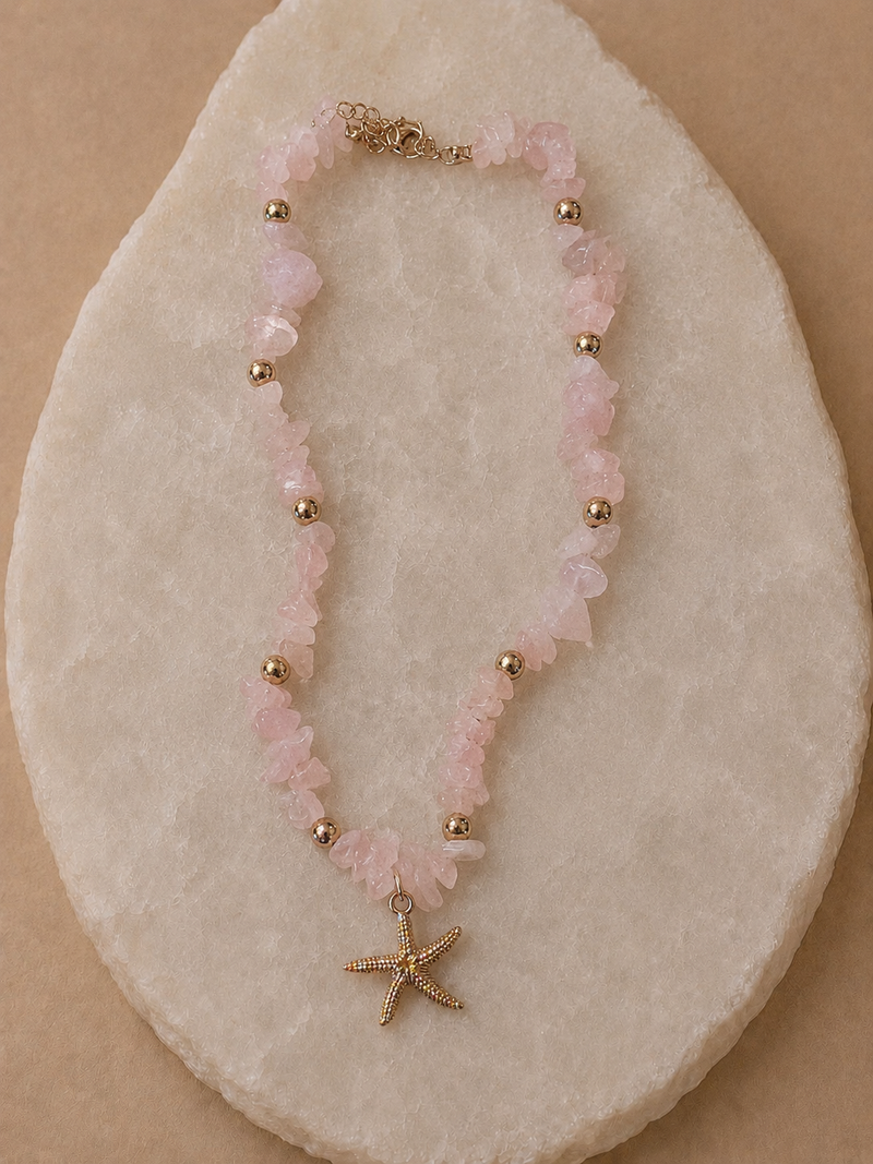 Collar de cuarzo rosa con estrella de mar colgante