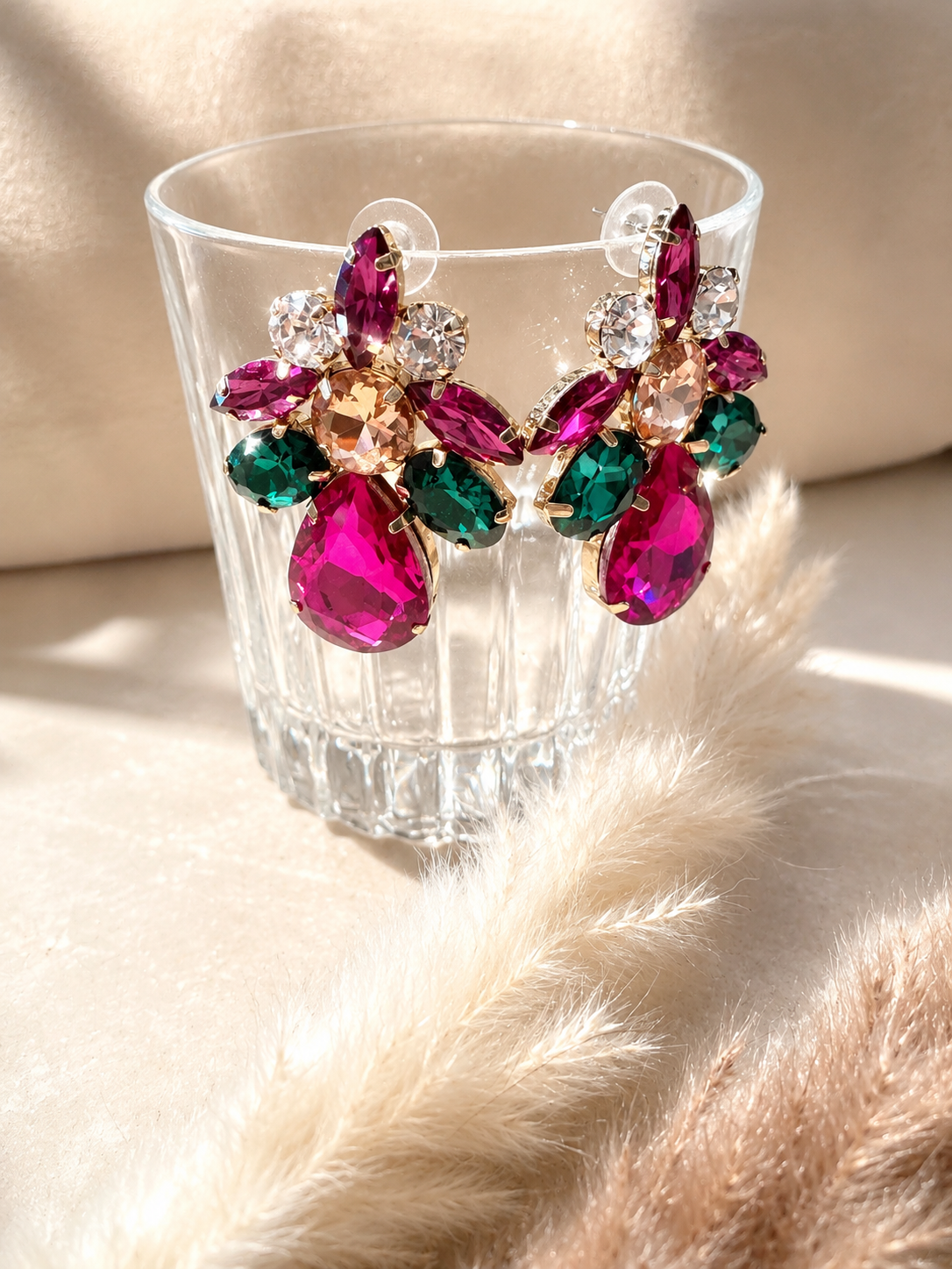 Aros efecto cristales fucsia y verde